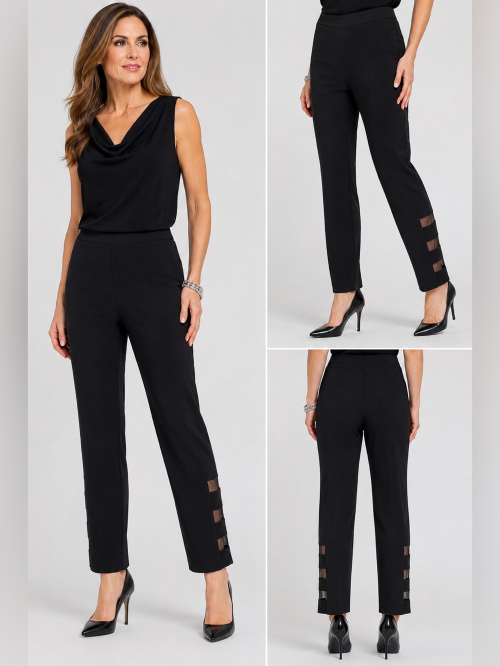 Joseph Ribkoff Black Slim Leg Pants Mesh Trim Hidden Zip Women’s Size 10